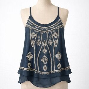 Embroidered Boho Racerback Cami Tank Size L Blue Festival Indie Sleaze Chiffon